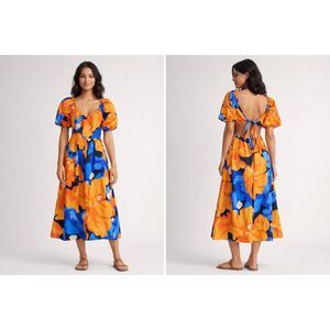 Tabitha Brown Target Floral Puff Sleeve Tie Back Midi Dress Size 4